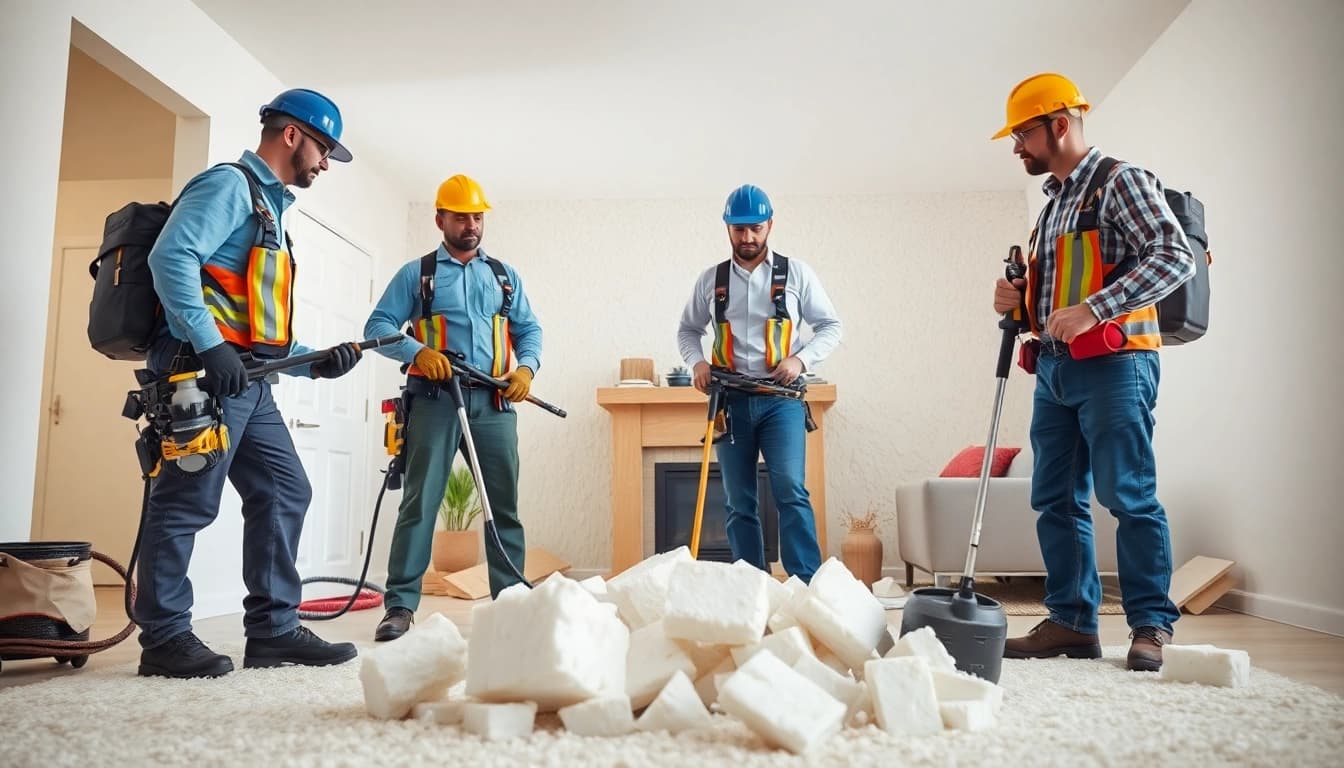 Skilled spray foam removal contractors performing insulation removal safely in a bright home.