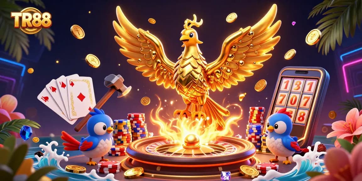 Experience winning thrills with TR88's golden phoenix and casino action in a dazzling illustration.