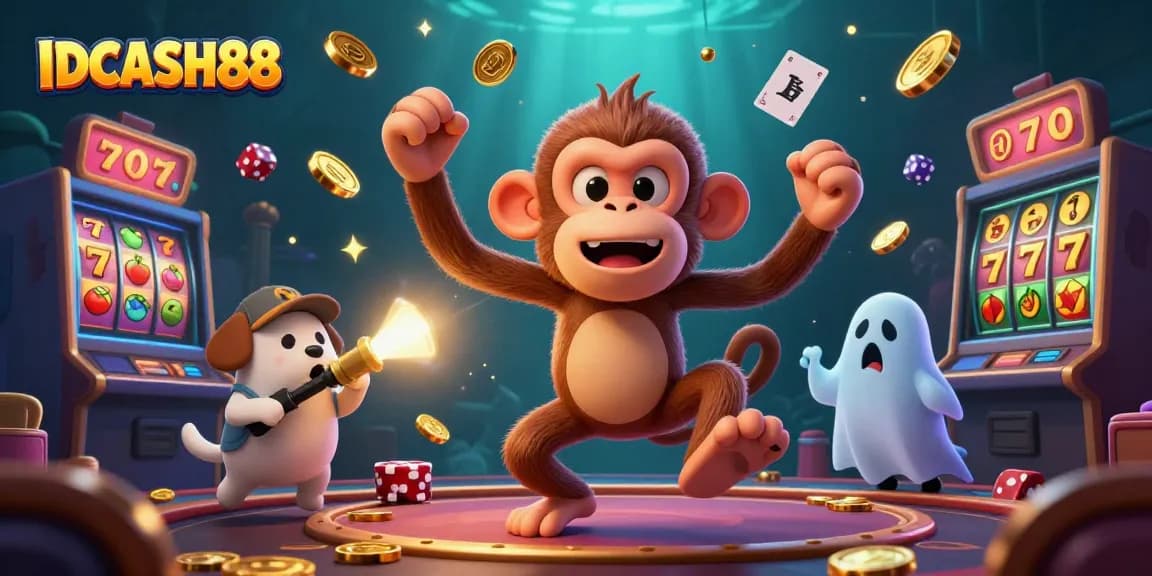 Catch thrilling action with IDCASH88 as a mischievous monkey juggles golden coins in a dynamic haunted casino scene.