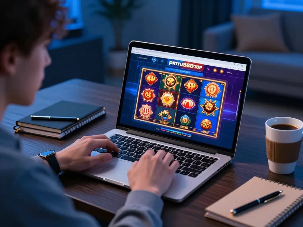 The person engaging with pintu888top online casino on a laptop, equipped with coffee and strategy notes in a cozy home setting.