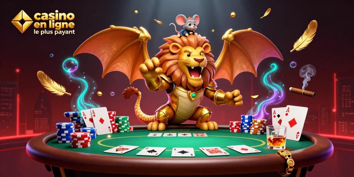 Jouer dans le casino en ligne le plus payant avec des personnages colorés, des jetons de poker et des cartes visibles.