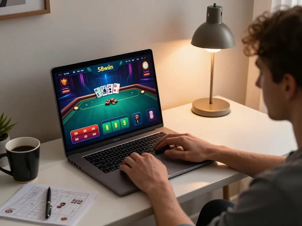 Person enjoying online gambling on 58wiin at home, focused on poker game interface.