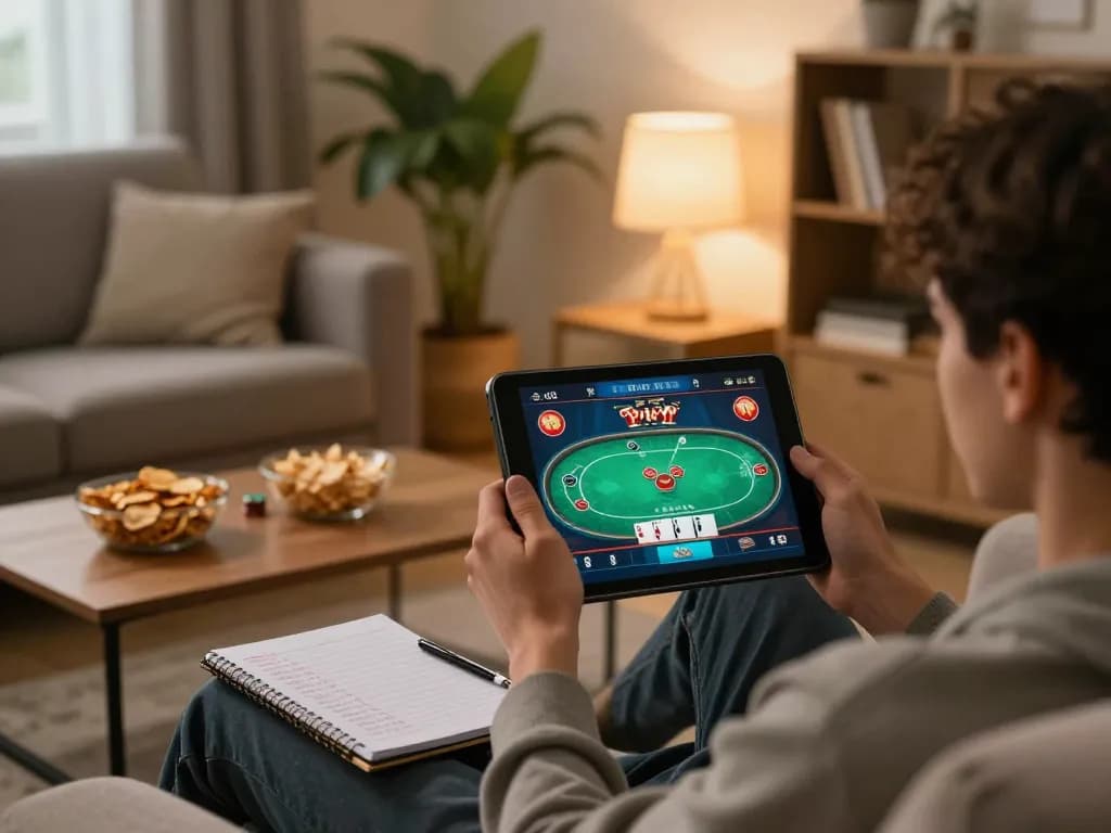 Player enjoying du88 poker game on tablet with chips and strategies in cozy living room.