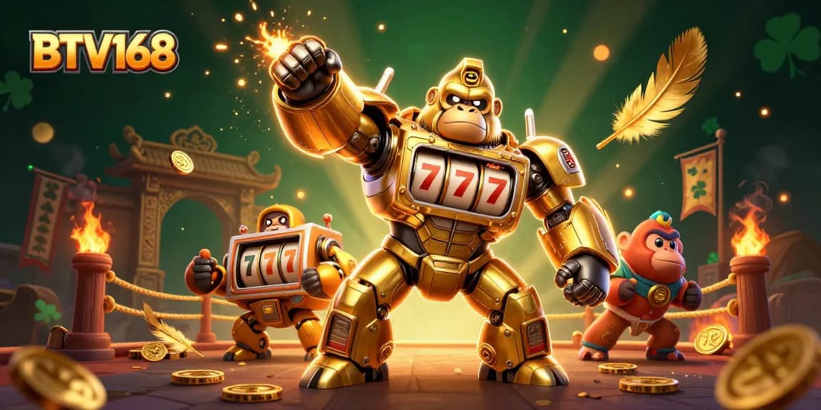 Experience the thrill of BTV168 with a dynamic scene featuring a golden gorilla mech in a vibrant casino setting.