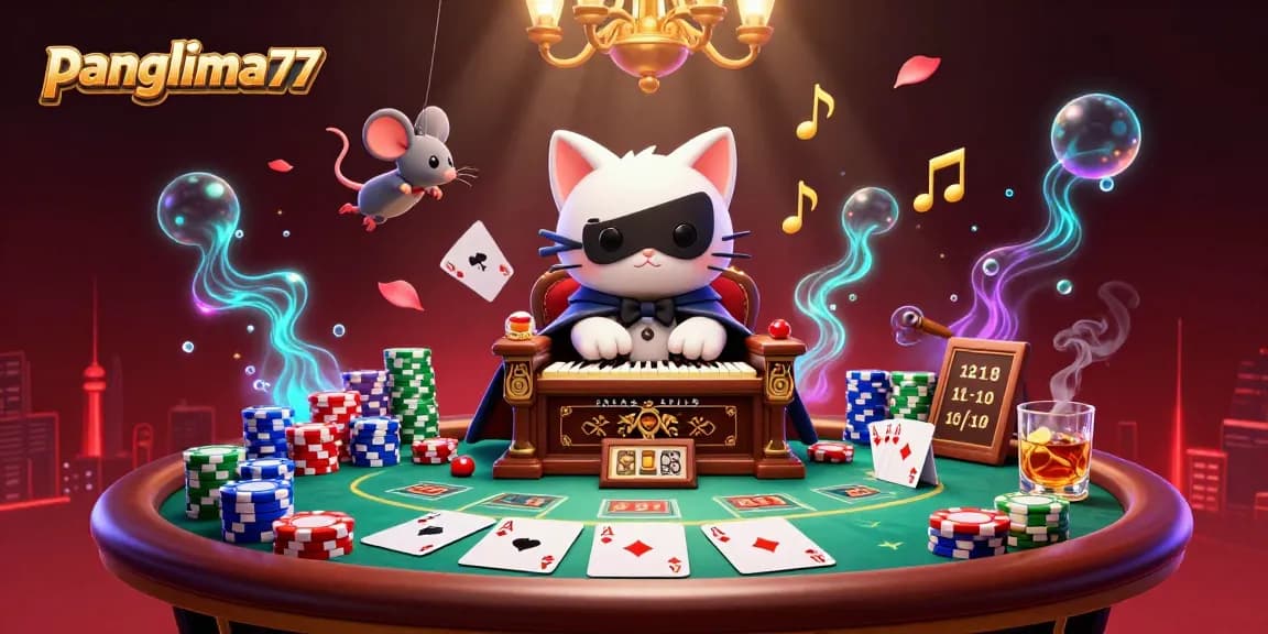 Panglima77 showcases thrilling casino action with a phantom cat at a poker table amid vibrant game elements.