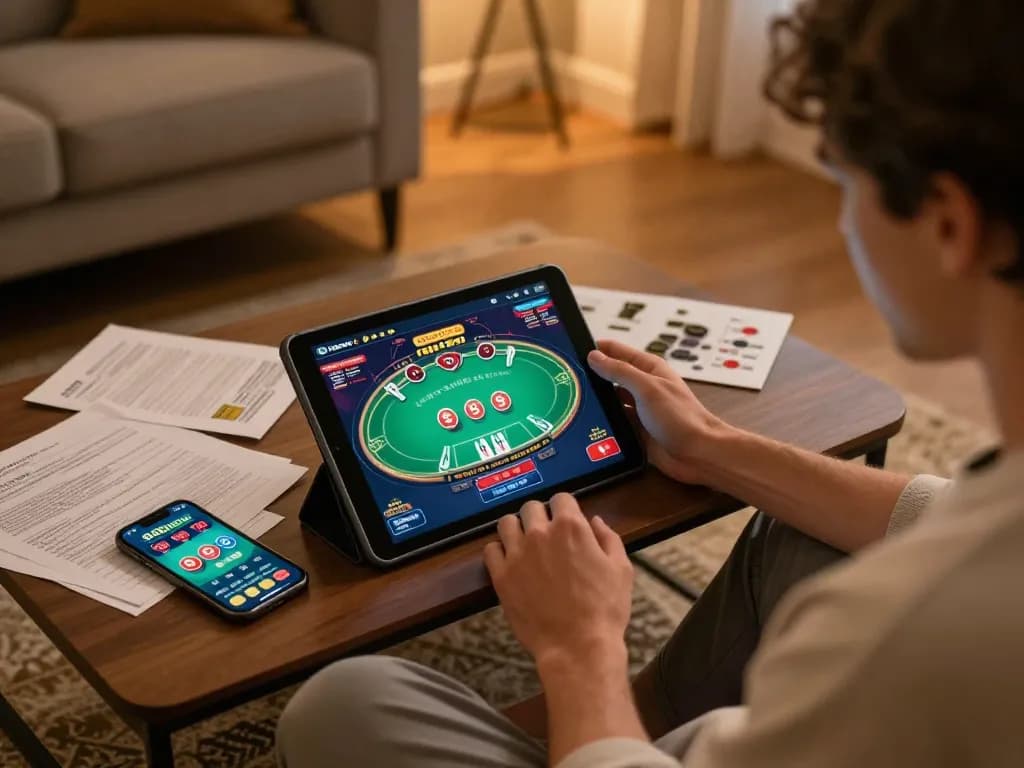 Engaged player using the 888now casino app on a tablet in a cozy home setting.