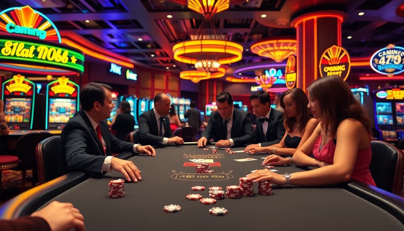 Engaging scene of players at a Non gamstop Casino Uk with vibrant lights and poker action.