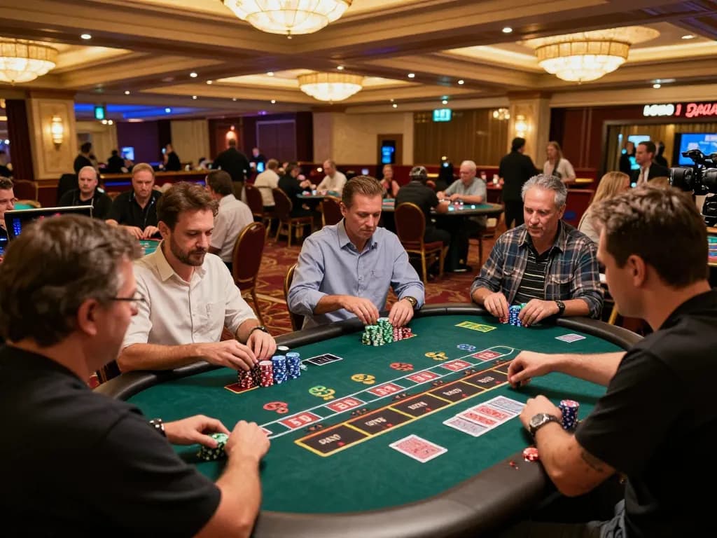 Players engaging in vibrant casino gaming at sv368 with roulette and blackjack tables, capturing the thrill of strategy.