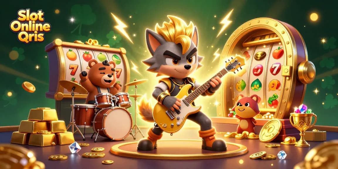 Experience the thrill of Slot Online Qris as a rock star wolf shreds guitar on a vibrant casino stage, flooding the scene with gold and gems.