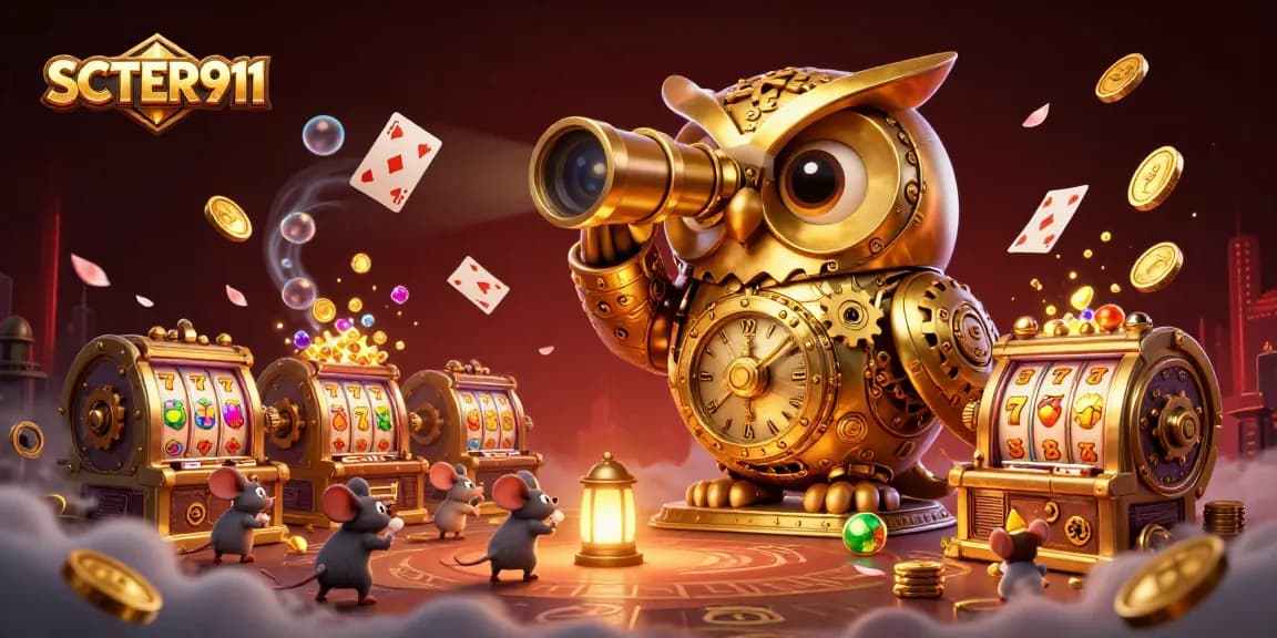 Engage in thrilling casino action with SCATTER911 featuring dynamic slot machines and a clockwork owl guardian.