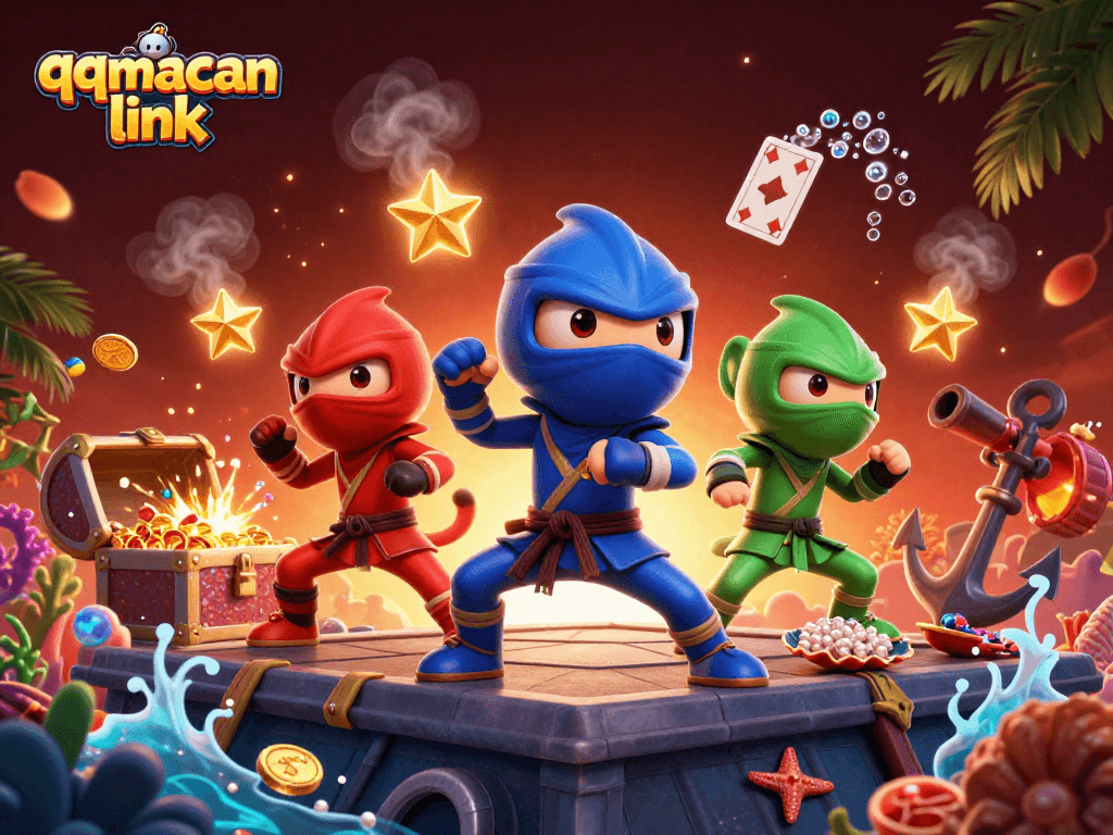 Experience the thrilling action of qqmacan link with ninja chameleons and treasure amid dazzling casino game elements.