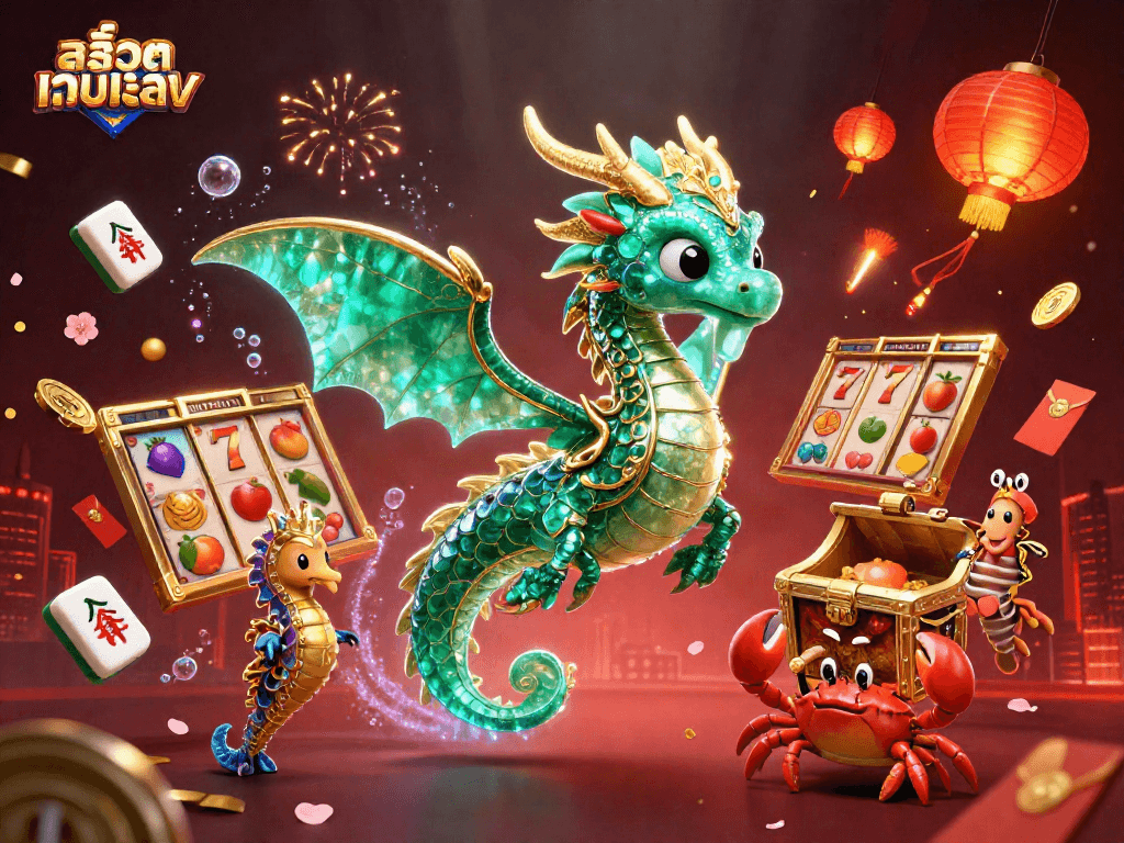 Engage with สล็อตเว็บตรง in an ornate casino scene adorned with artistic dragons and vibrant symbols.