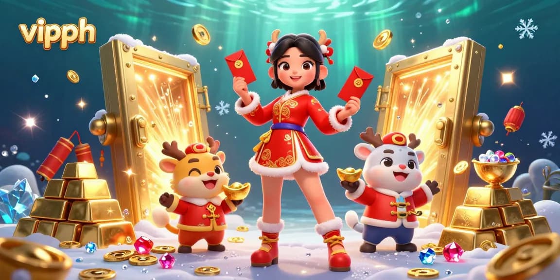 Spin and win at vipph's lively casino scene filled with festive symbols and treasures.