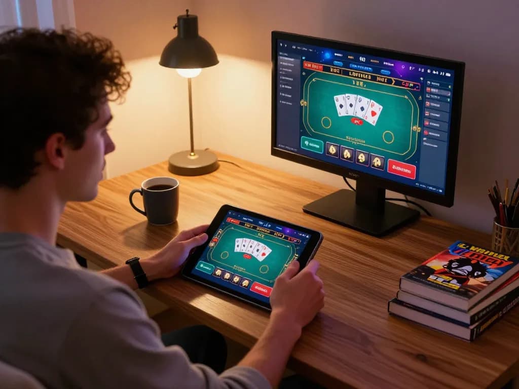 Player engaging in white label casino gameplay on a tablet in a cozy home setting