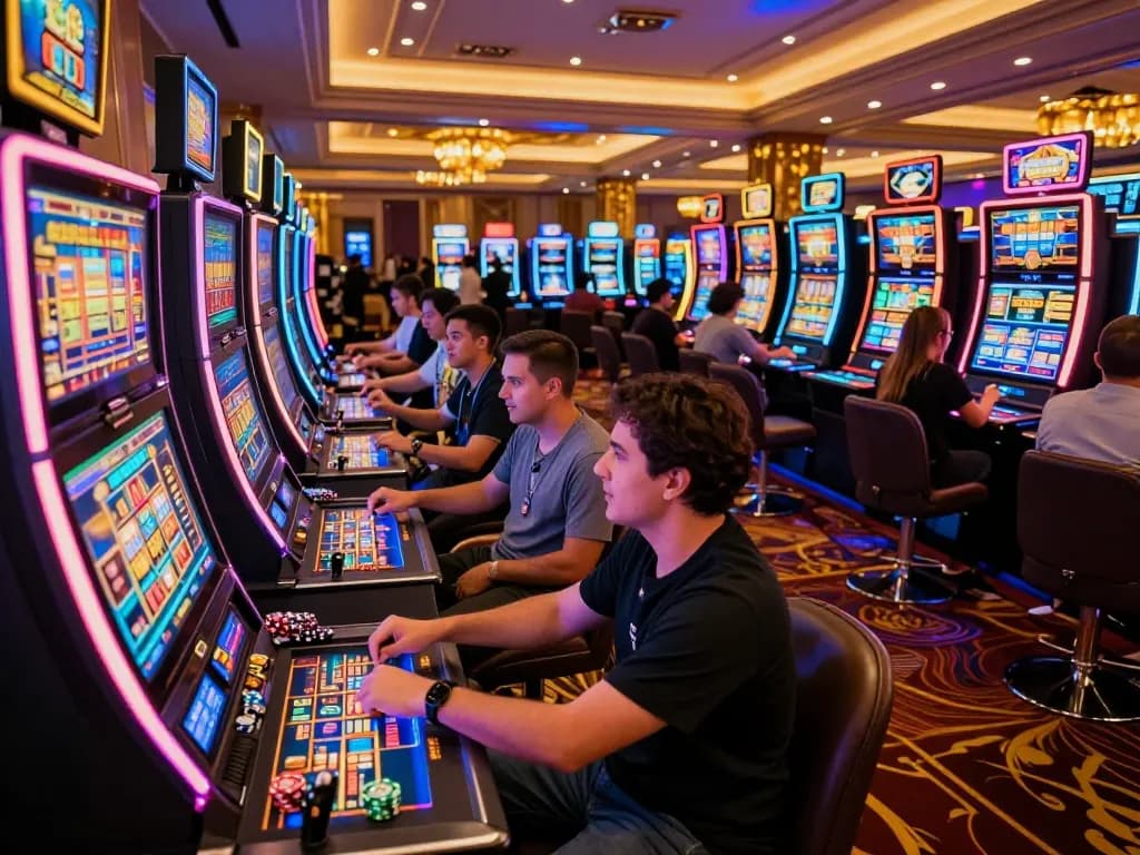 Engaged players at vibrant slot machines in a lively casino showcasing nhacaiuytinn gaming experiences.