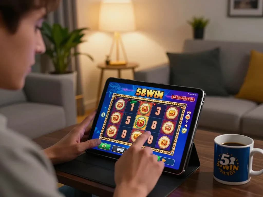 Player enjoying the 58win slots app on a tablet in a stylish home setting, showcasing engaging gameplay