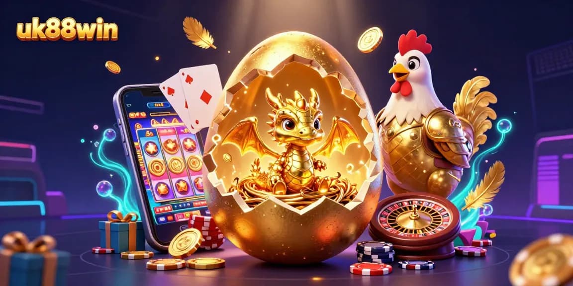 Win big with uk88win's vibrant 3D illustration showcasing casino fun and excitement!