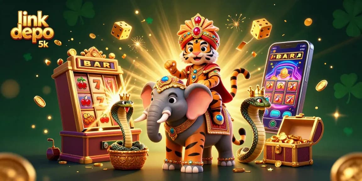 Spin to win with link depo 5k—a colorful 3D illustration of a tiger and elephant at a casino