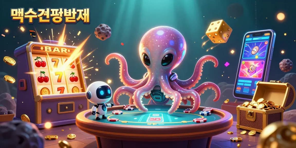 먹튀검증업체에서 안전한 배팅을 위한 3D 일러스트, 카지노에 비상하는 슬롯 머신과 화려한 칩들.