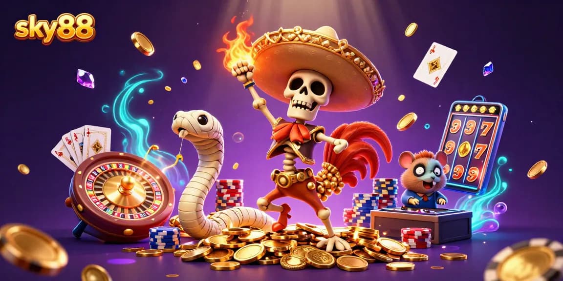 Sky88 showcases a vibrant 3D casino scene with a dancing mariachi rooster, golden coins, and lively gaming elements.