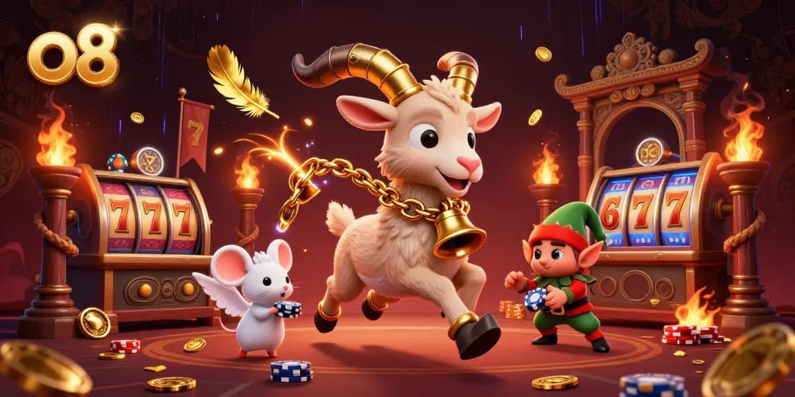 o8 hosts an engaging casino scene featuring a Krampus goat, angel mouse, and elf gremlins in action