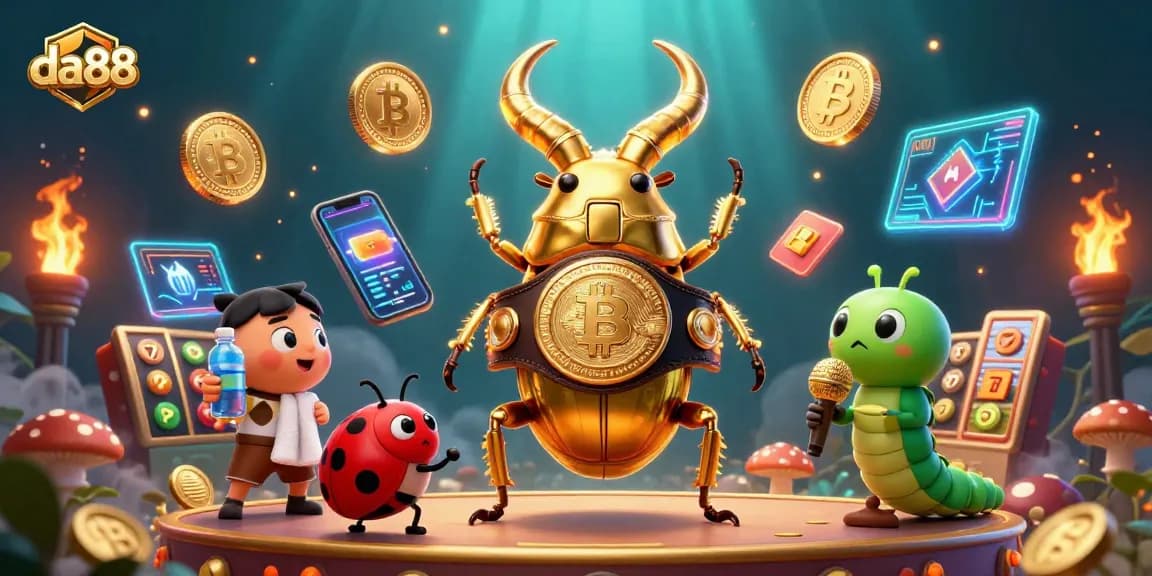 Experience da88's dynamic casino universe with a giant golden stag beetle and vibrant game elements.