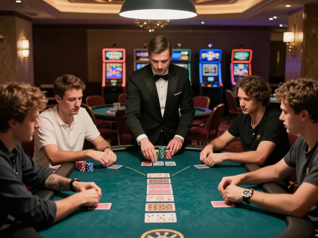 Players strategizing at a high-stakes poker table at 23win casino during intense gameplay.