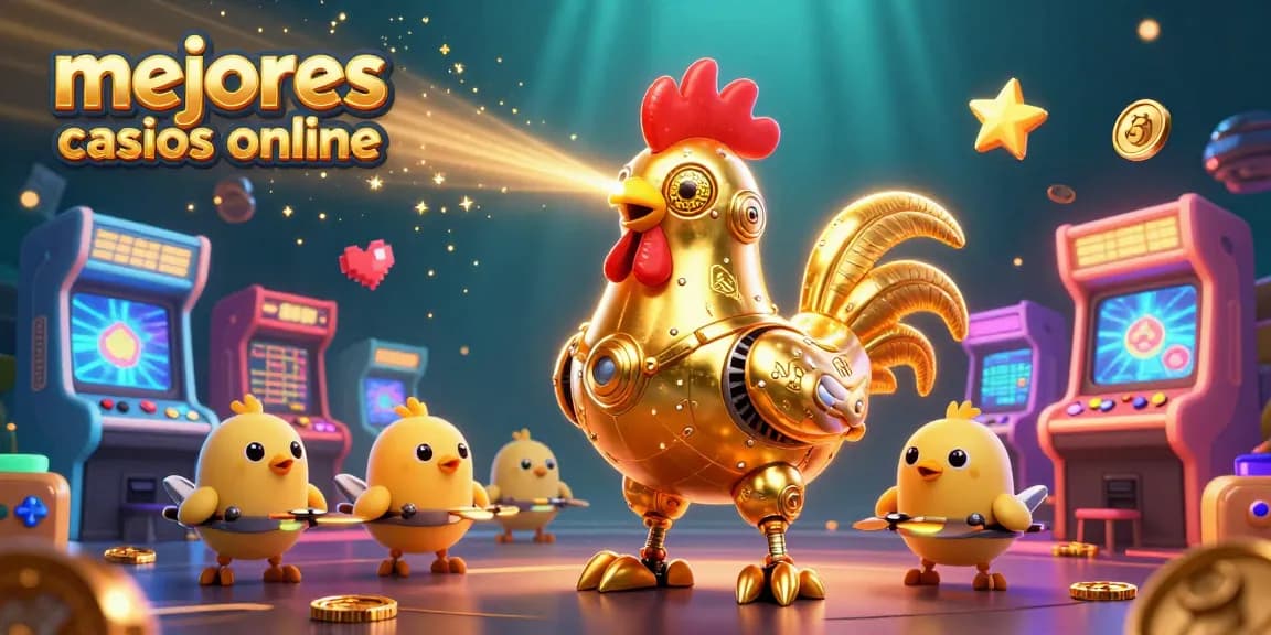 Ilustración en 3D con un robot gallo dorado y drones, entre elementos de juegos y luces, promoviendo mejores casinos online.