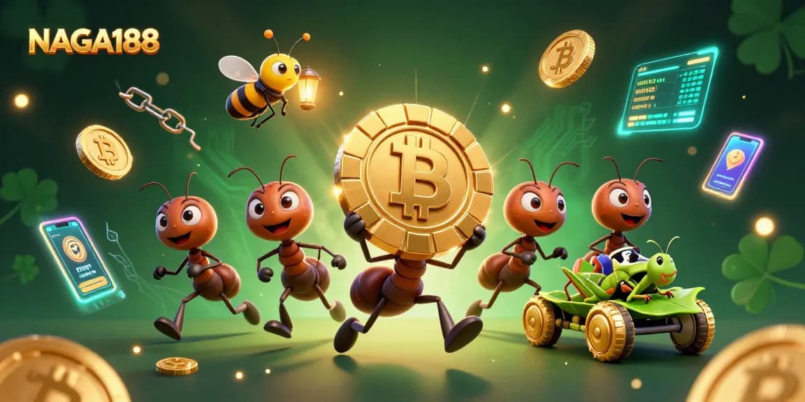 NAGA188 menghadirkan ilustrasi 3D tim semut menjalani misi membawa chip poker emas yang sangat besar, dikelilingi elemen kripto.