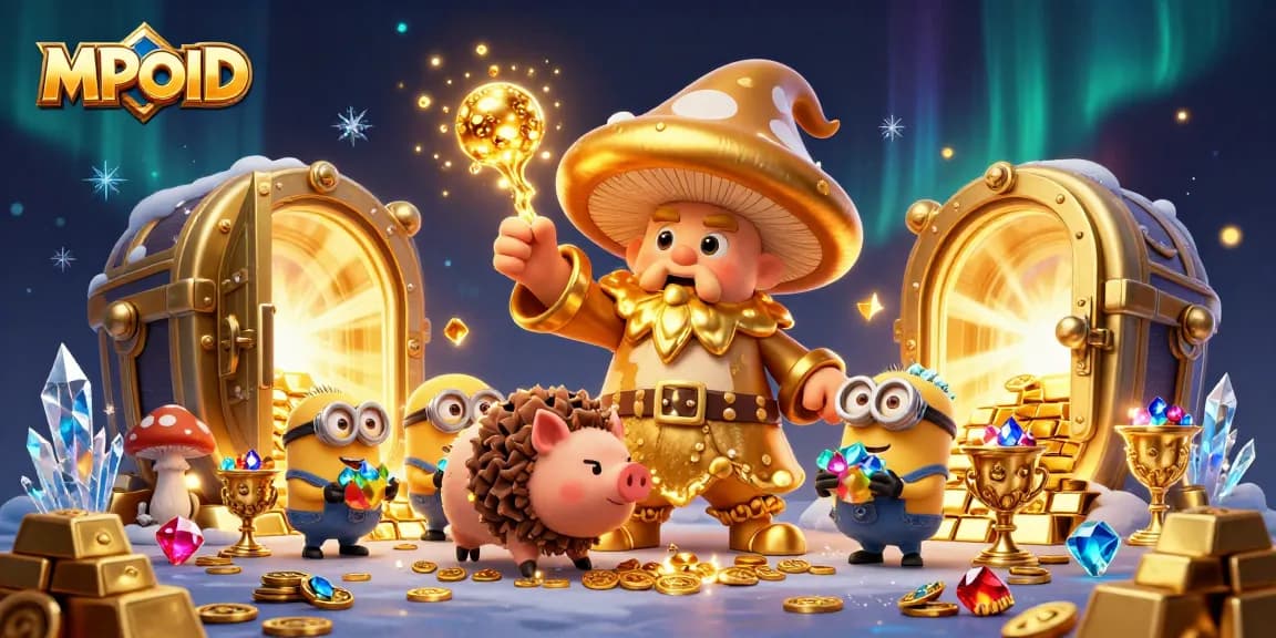 MPOID enhances gameplay with a vibrant 3D wizard scene filled with treasures and characters.
