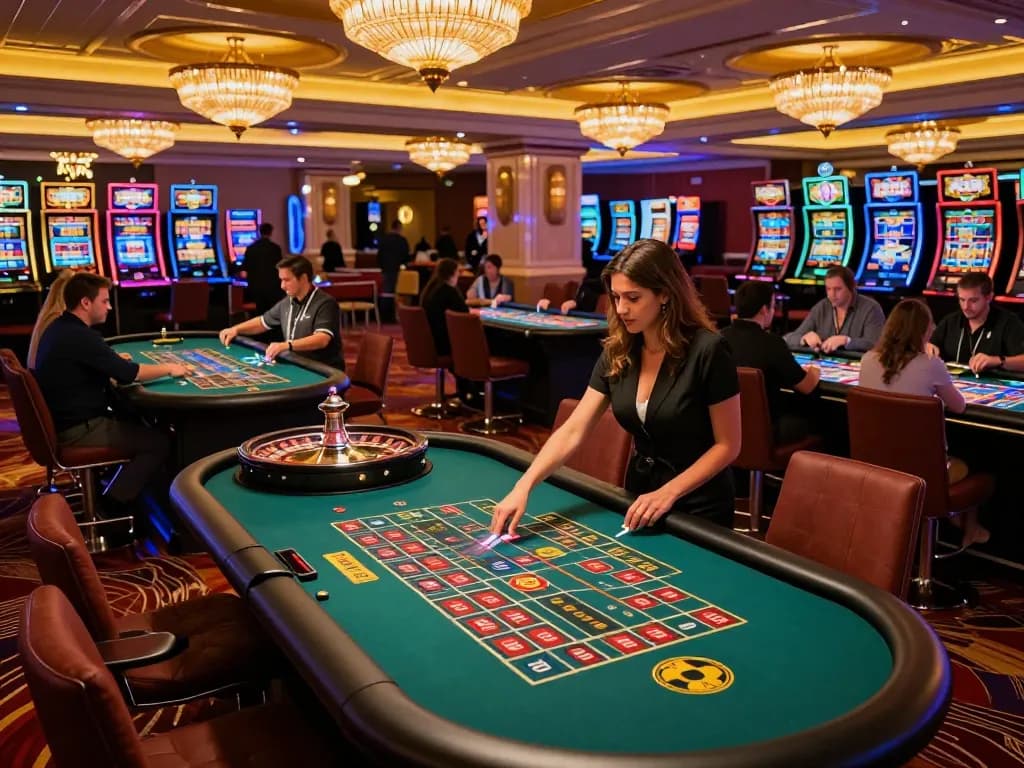 KJC players engaging in lively roulette gameplay at an upscale casino floor.