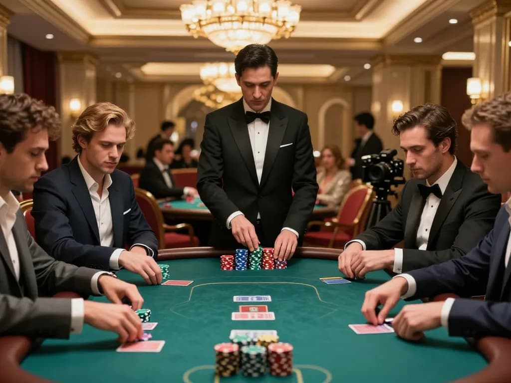Players engage in a thrilling high-stakes poker game at ta888 casino with vibrant atmosphere and luxurious decor.