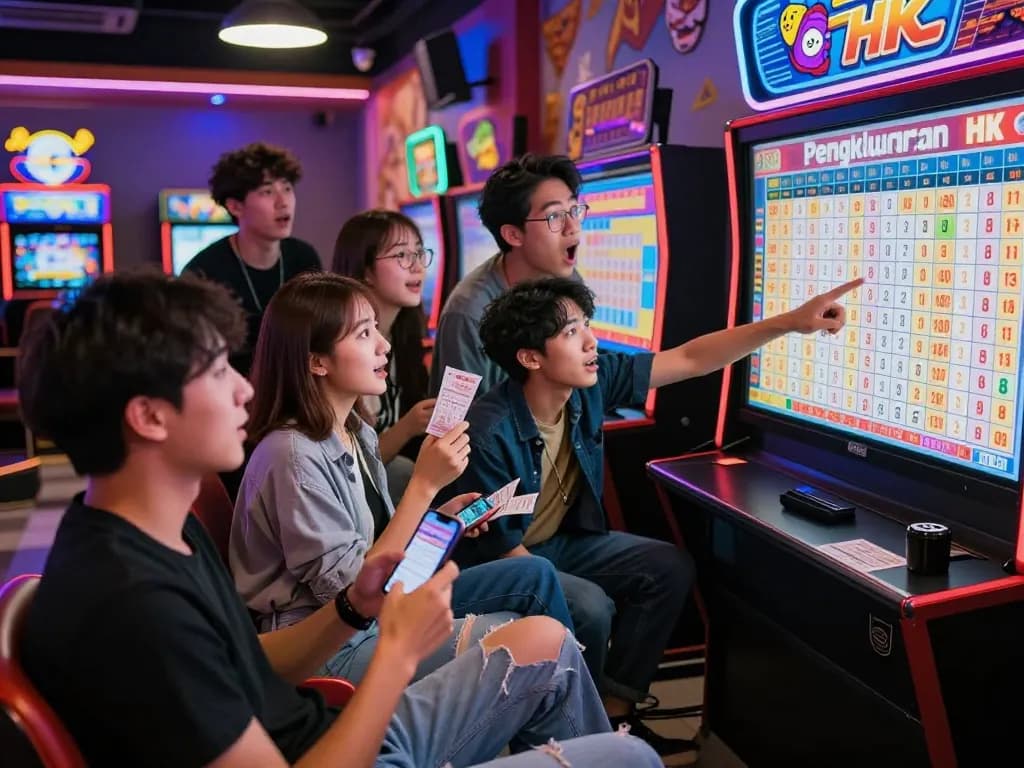 Players eagerly checking Pengeluaran HK results in a vibrant gaming lounge, filled with excitement and colorful decor.