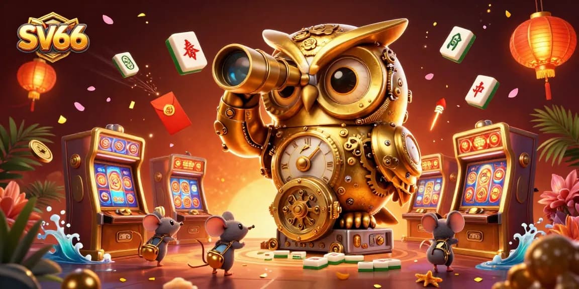 Experience the thrilling SV66 casino atmosphere with a vibrant golden owl scanning slot machines.
