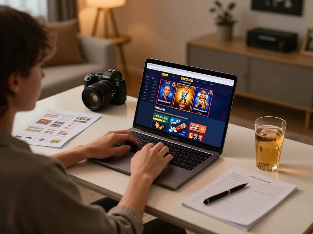 Player engaging with 88clbgo casino site on laptop, showcasing vibrant gaming interface and comfortable home setup