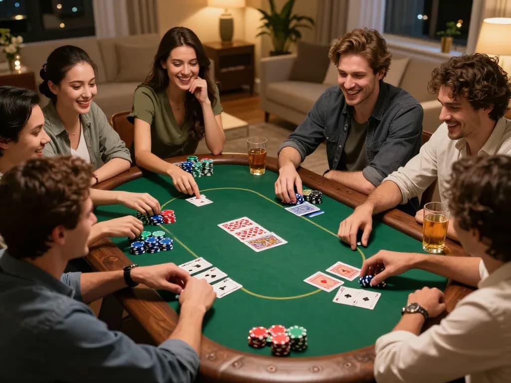 Muraibet players enjoy a lively home poker night filled with excitement and friendly bets.