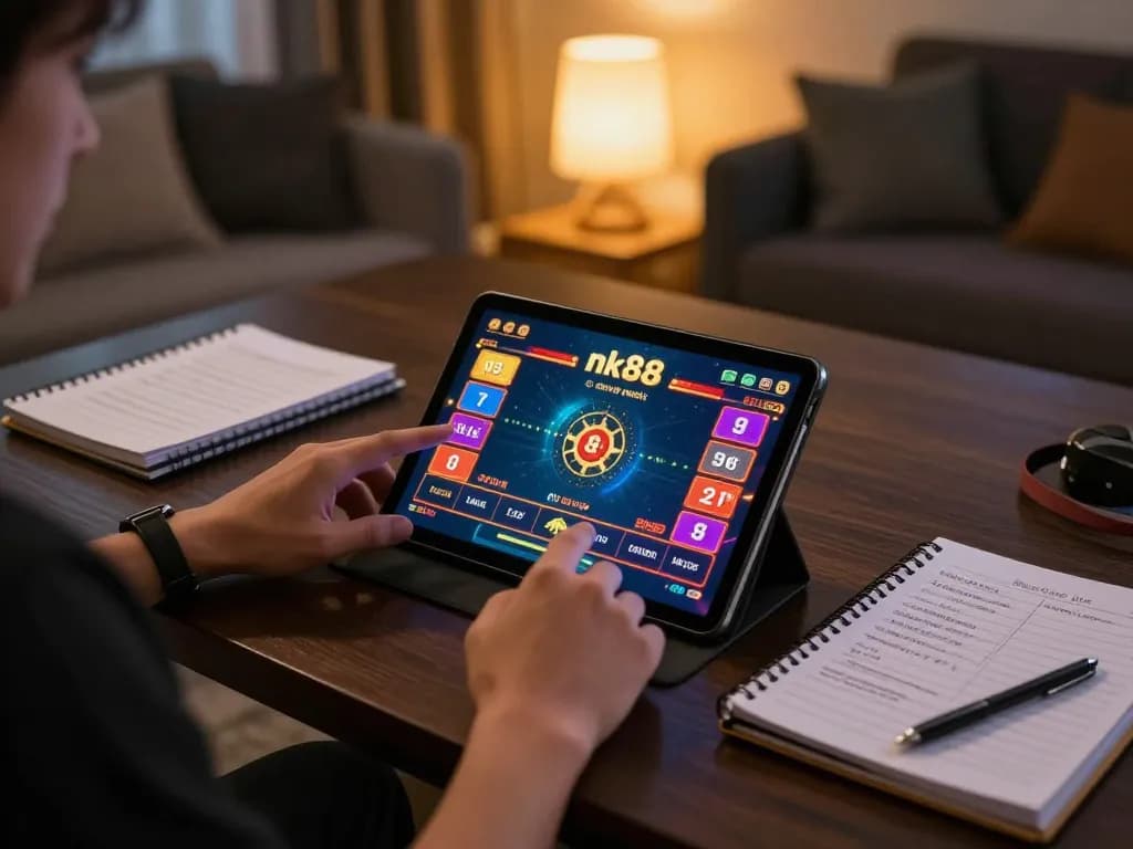 Engaging in nk88 game on tablet with glowing screen, strategic notes spread around.