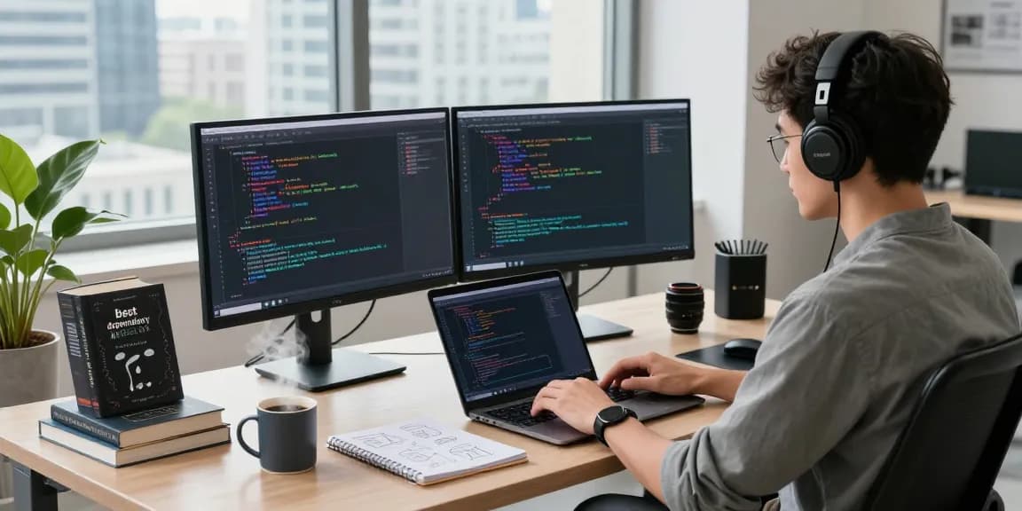 Learn dependency injection with Hilt in a modern coding workspace with a developer at dual monitors, books, and coffee