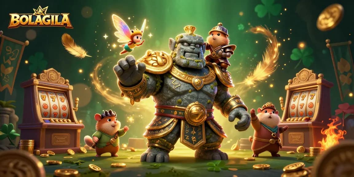BOLAGILA showcases dynamic 3D characters in an action-packed casino scene filled with slot machines and gold.