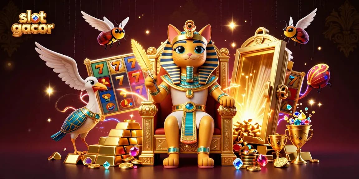 Engage with slot gacor action in a vibrant 3D scene featuring a pharaoh cat and treasures.