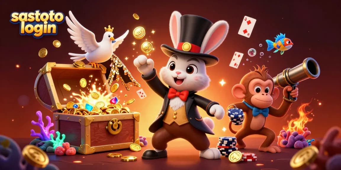 Engage in the magic of gambling with the Sastoto login theme, featuring playful casino elements and vivid characters.