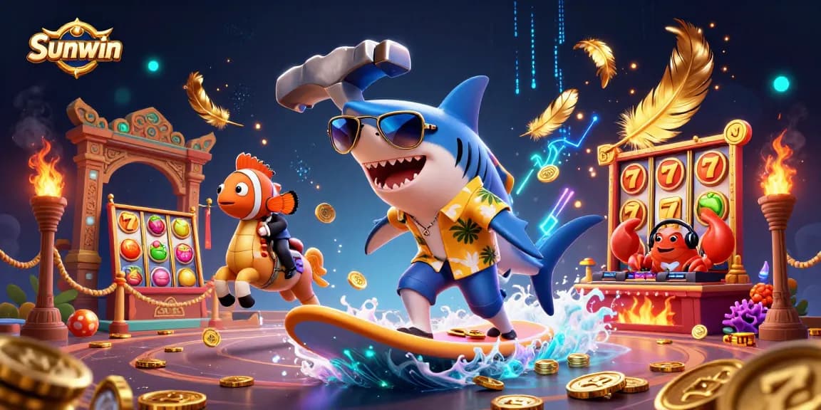 Sunwin celebrates winning strategies with a vibrant casino scene featuring dynamic characters and gold coins.