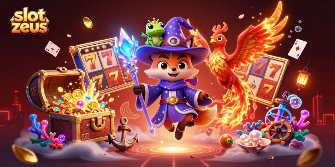 Engage with the slot zeus game featuring a whimsical wizard fox and phoenix, bursting with slot elements.