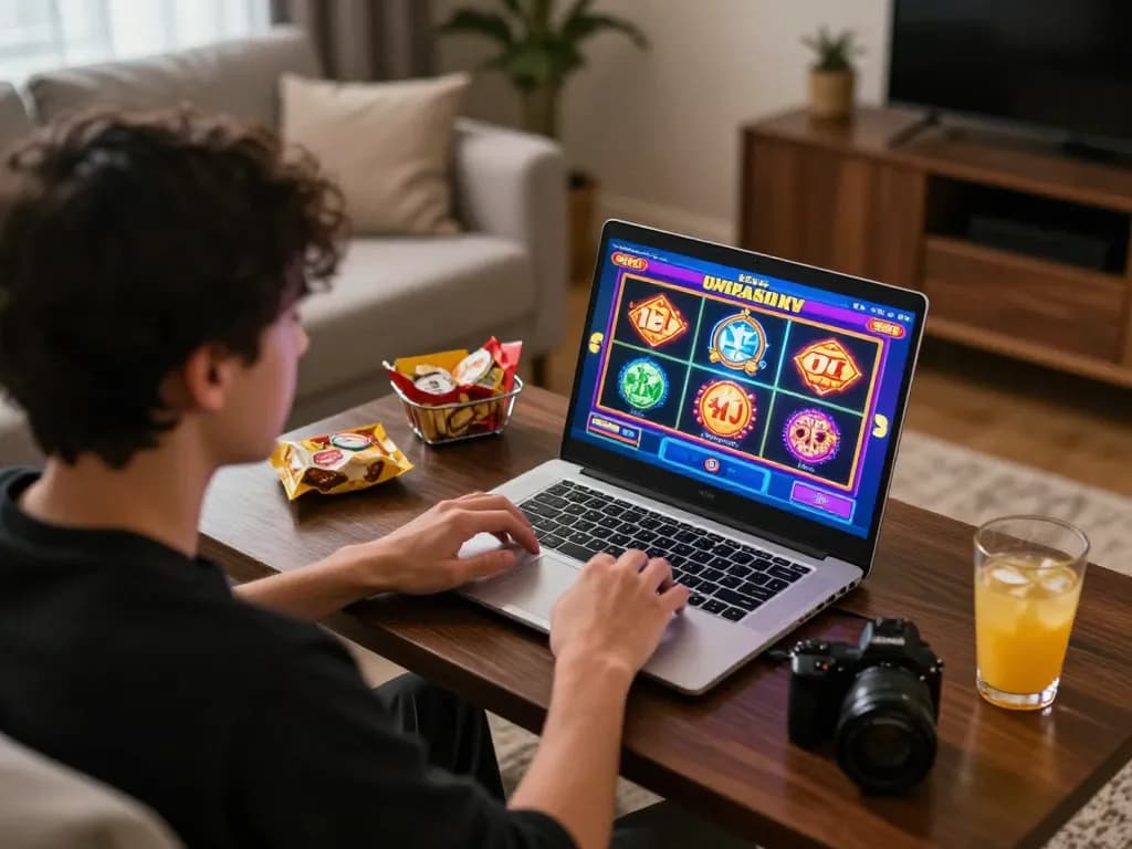 Player enjoying an engaging slot game on laptop, cozy home setting, bright graphics.