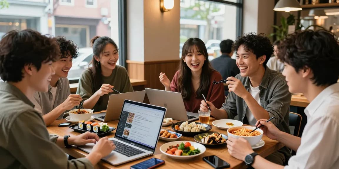 A group enjoying Asian cuisine while discussing content from https://hanadultalk.com in a vibrant café setting.