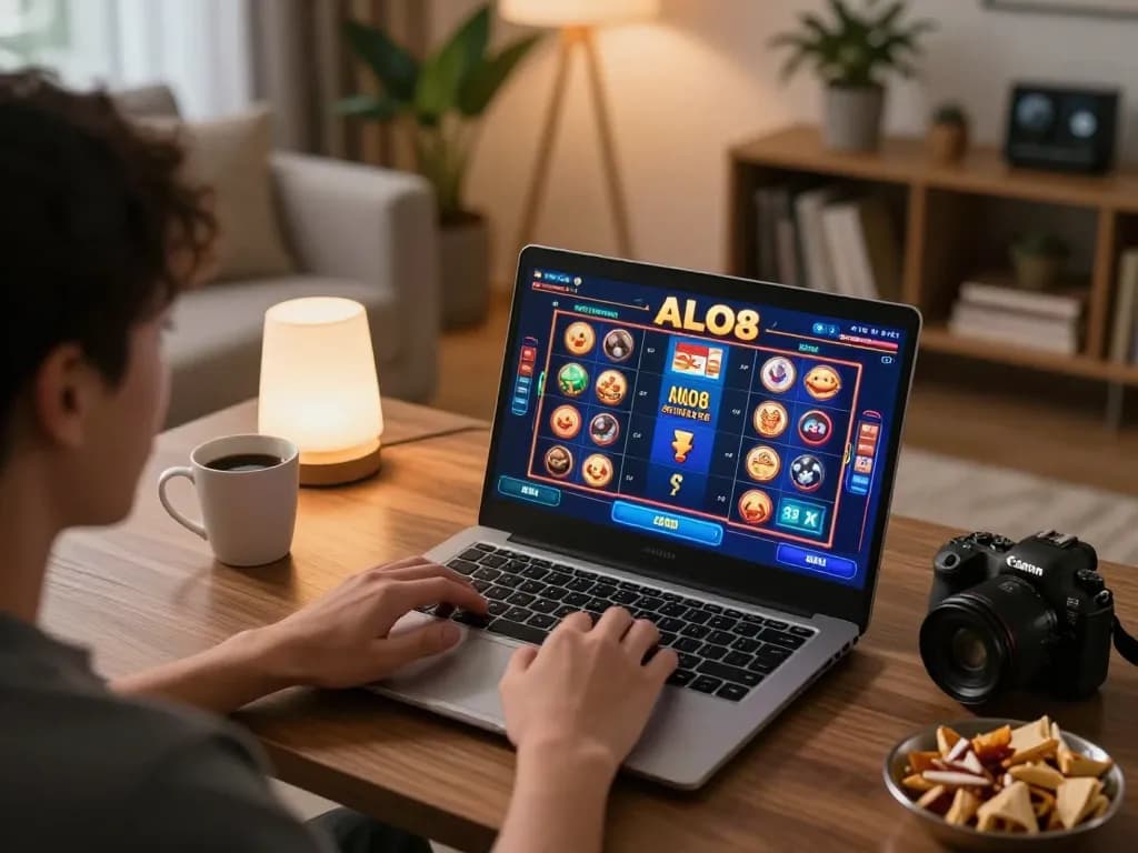 Engaging online gambling session on ALO8, person focused on vibrant slots display in cozy home setting.