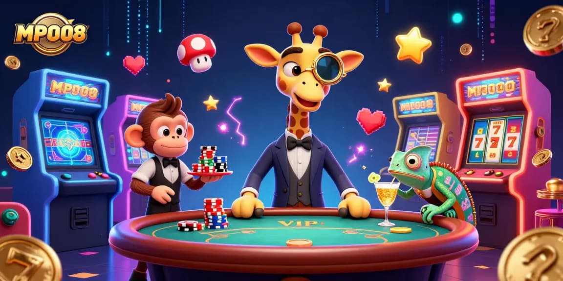 MPO08 showcases a vibrant illustration of a high-roller giraffe playing slots with dynamic casino elements.