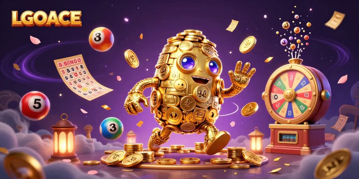 LGOACE promotes exciting lottery gameplay with vibrant animated elements in a dynamic casino scene.