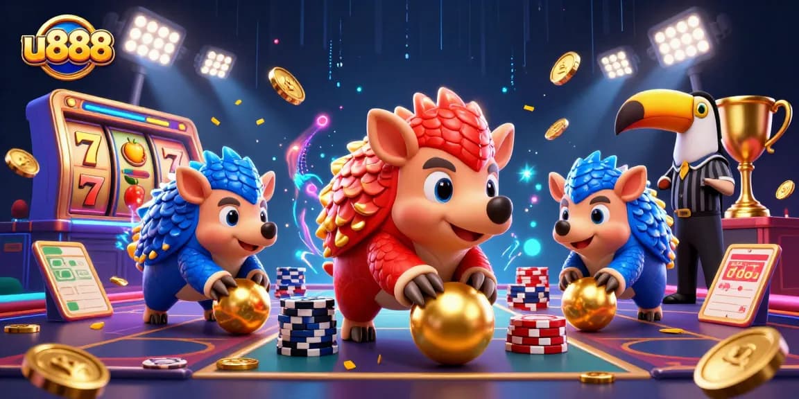 u888 pangolins gaming in a vibrant casino scene with slot reels and poker chips.