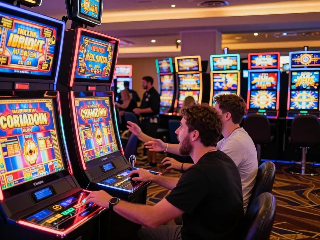 Engaged players winning at gacor slot machines in a vibrant casino, showcasing excitement and gaming strategy.